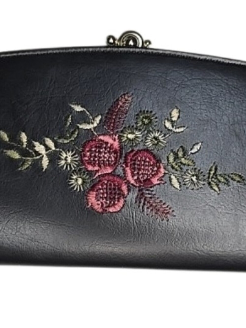 Vintage Baronet Black Faux Leather Embroidered Floral Kiss Lock Clutch Wallet